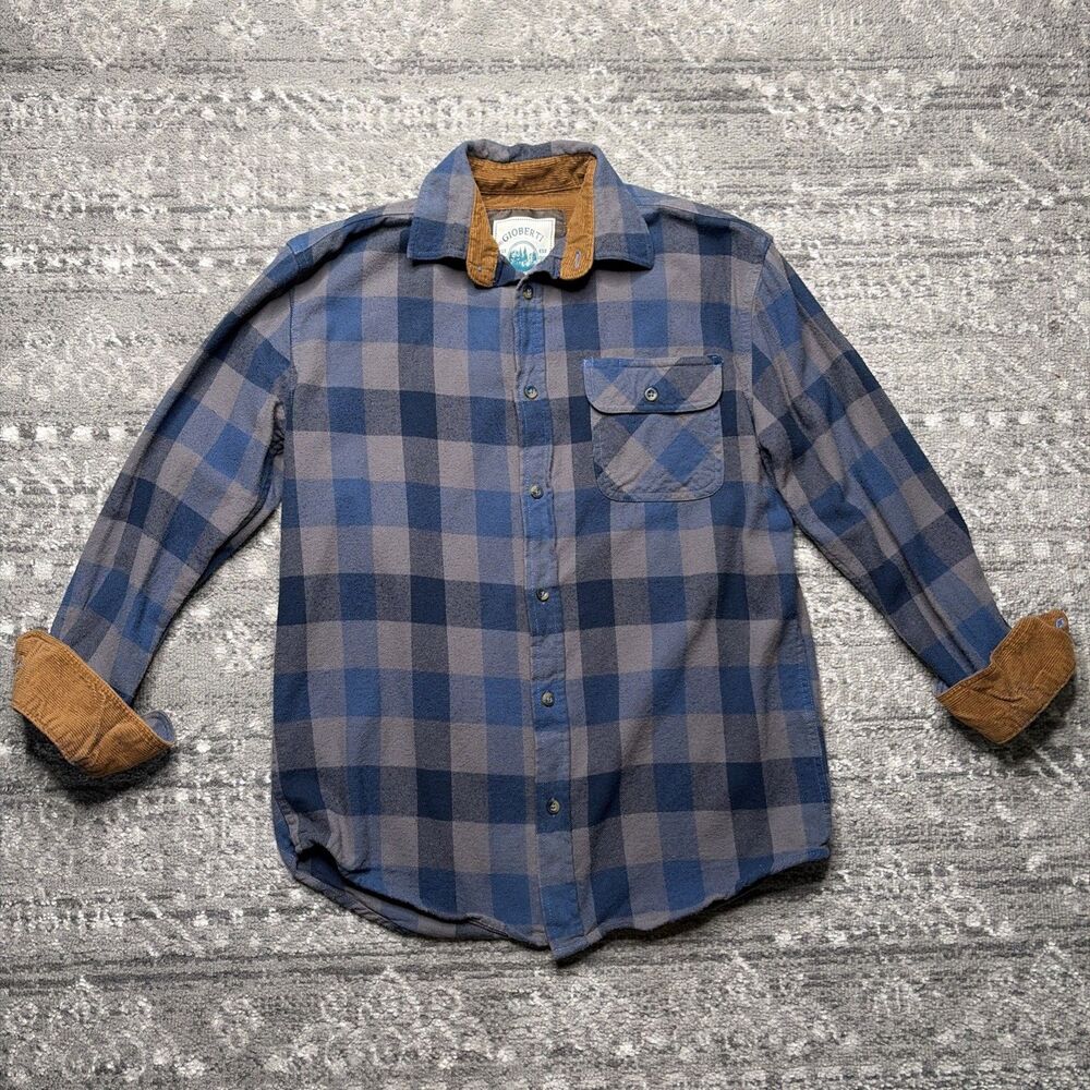 Gioberti Flannel Shirt Men Small Blue Buffalo Plaid Corduroy Flip Cuff Rugged